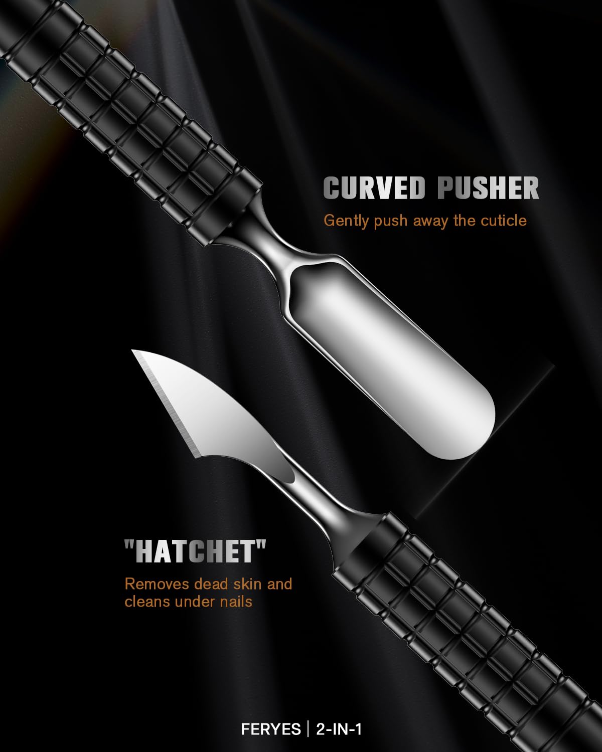 FERYES Upgraded Dual Head Cuticle Pusher Remover Tool - Curved & Chisel Edge Stainless Steel, Ergonomic Non-Slip Handle for Professional Salon & Home Manicure Nail-Black