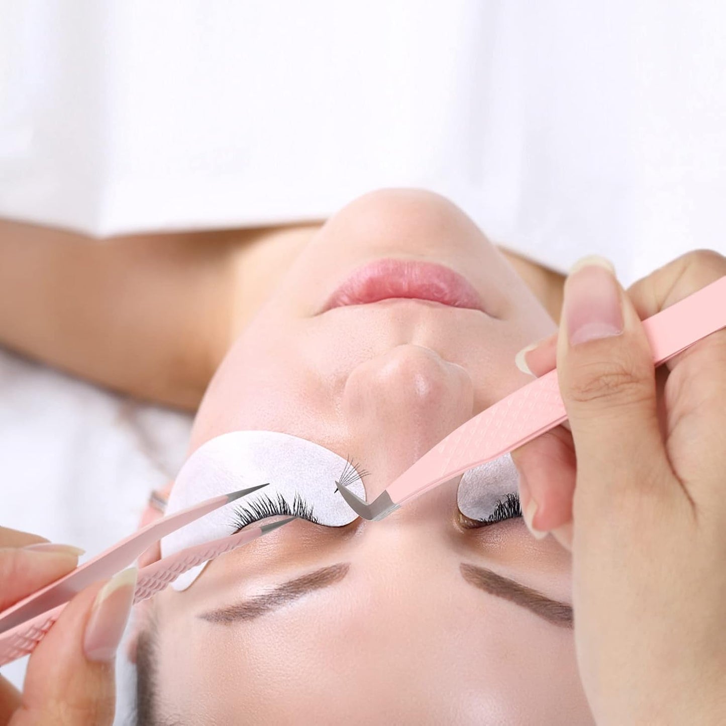 Lash Tweezers for Eyelash Extensions - Professional Artist Tech Work Kit Tools With Fiber Tip for Light or Mega Volume Fans - Curved Tweezers