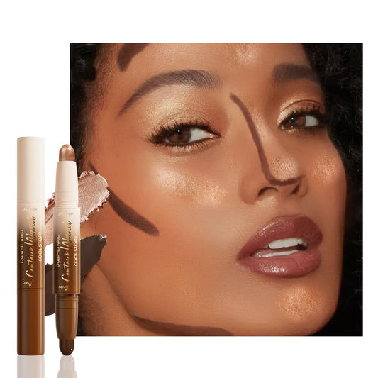 Dual-Ended 2-in-1 Cream Contour & Highlighter Stick – Waterproof, Long-Lasting for Face & Body Makeup, Suitable for All Skin Tones, 06#Black Cocoa + Bronzer Shimmer