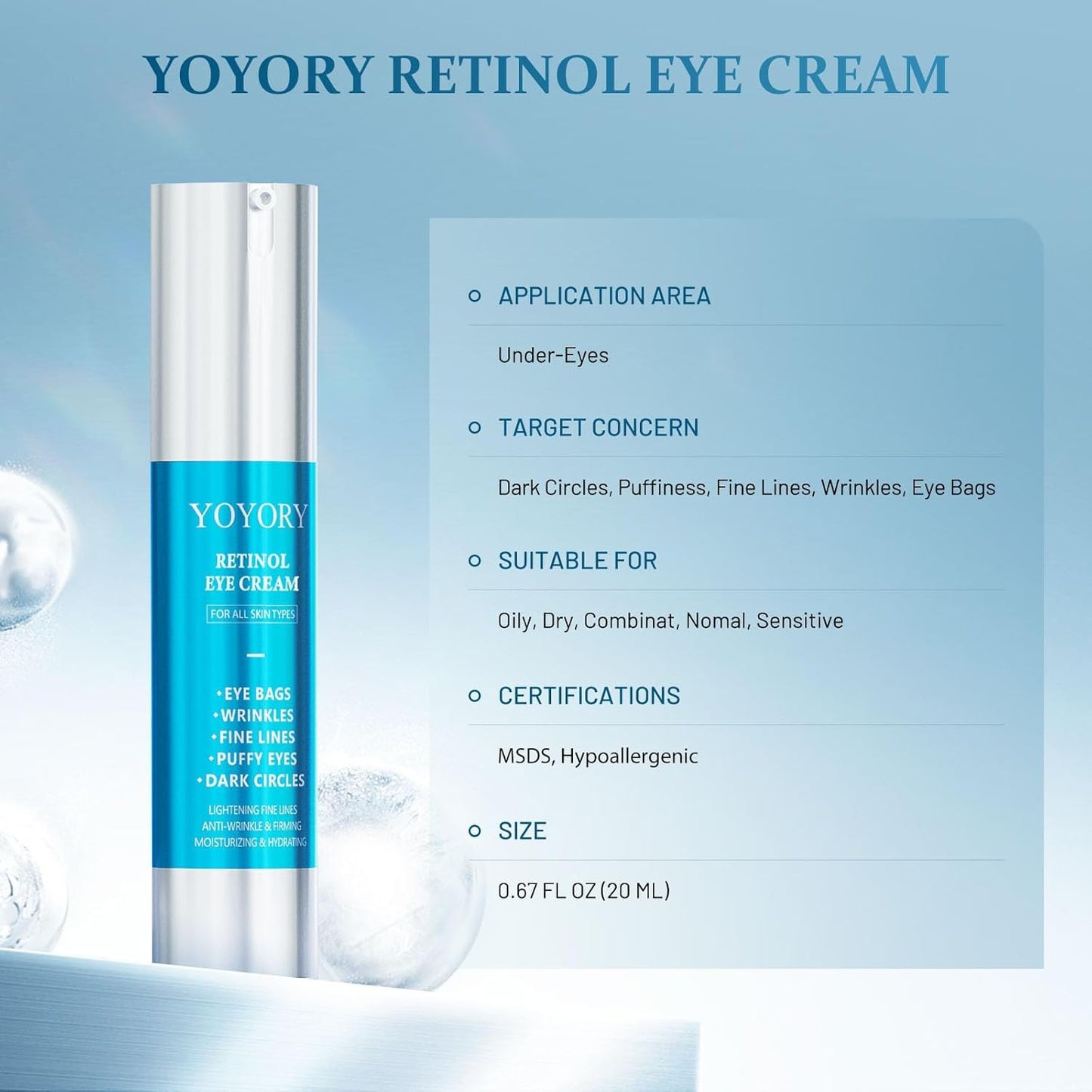 Retinol Under Eye Cream - Anti-Aging Eye Cream for Eye Bags, Dark Circles, and Fade Wrinkles, Fine Lines, Puffy eye Skin Care Treatment for Women and Men, 20ML(Blue)