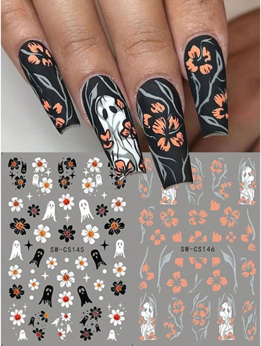 8 Sheets Halloween Nail Art Stickers Horror Ghost Spider Scorpion Nail Design Stickers Decals 3D Self Adhesive Pumpkin Spider Web Gothic Nail Decals for Women DIY Halloween Nail Decoration Supply