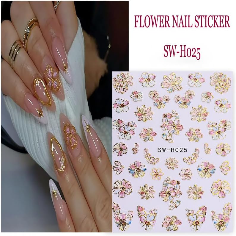 Flower Nail Art Stickers 3D Self-Adhesive Nails Sticker Butterfly Nail Art Decals Holographic Golden Floral Butterfly Nail Decal Decoration for Women Blue Blossom Manicure DIY Nail Sticker Supplies