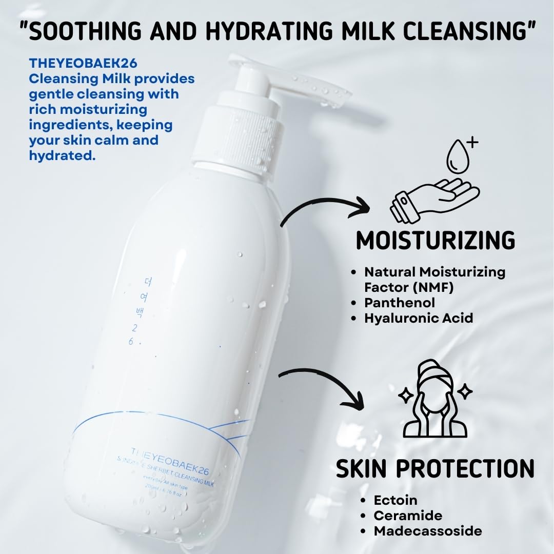 Korean Cleansing Milk for Face – Gentle Facial Cleanser for Dry & Sensitive Skin, Hydrating Makeup Remover, 6.76 Fl Oz (200ml)
