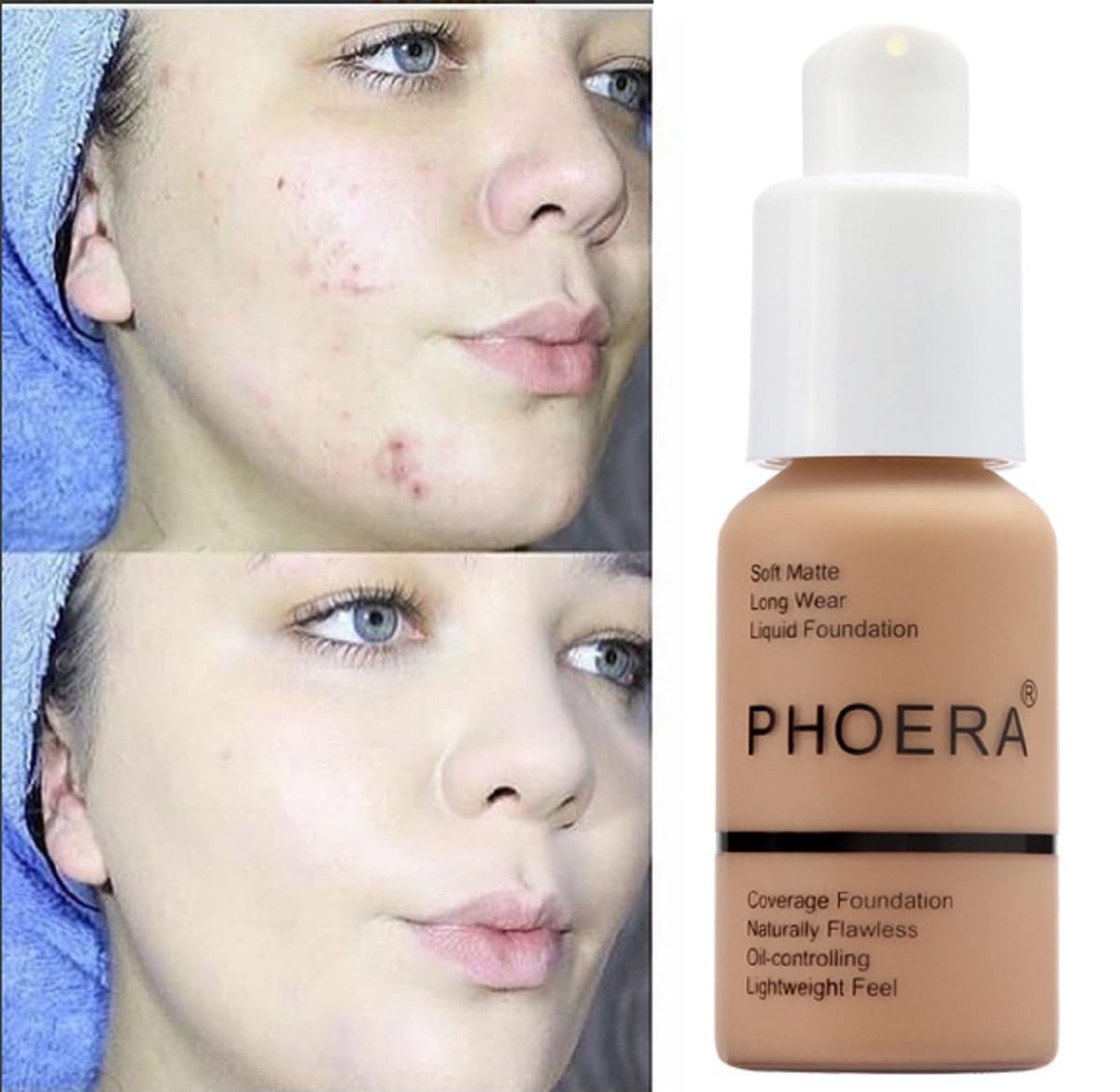 PHOERA Foundation, Flawless Soft Matte Liquid Foundation 24 HR Oil Control Concealer Foundation Makeup. (1 Pcs-106 -Warm Sun)