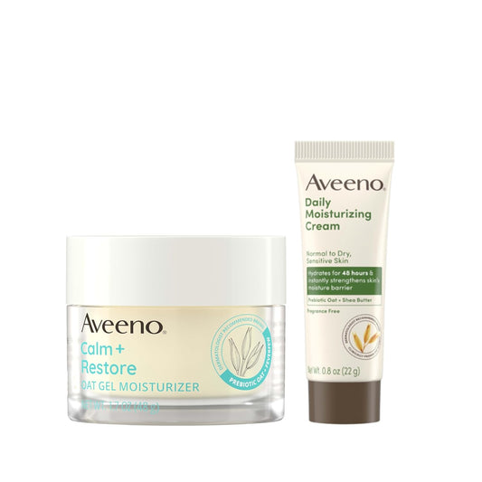 Aveeno Sensitive Skin Moisturizer Bundle, Calm + Restore Oat Gel Facial Moisturizer, 1.7 oz, & Trial Size Daily Moisturizing Cream + Prebiotic Oat, 0.5 oz, Fragrance-Free, Two Items