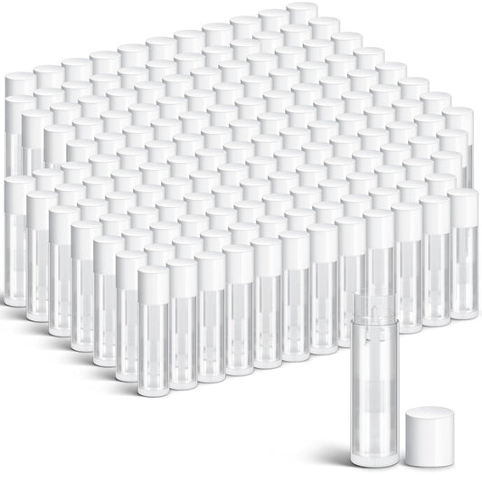 Nuanchu 200 Pcs Lip Balm Tubes Empty Lip Gloss Tubes Bulk Women 0.186 Oz/ 5.5 ml Lip Gloss Container Kit Clear PVC Lip Containers with Caps for DIY(White, Clear)