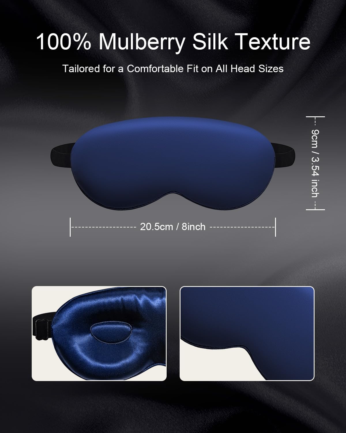 Luxury 22 Momme 100% Mulberry Silk Sleep Mask – 3D Eye Mask with Adjustable Strap, Gentle on Skin and Eyes, Provides Complete Light Blockage for Deep Sleep (Navy, Adjustable)