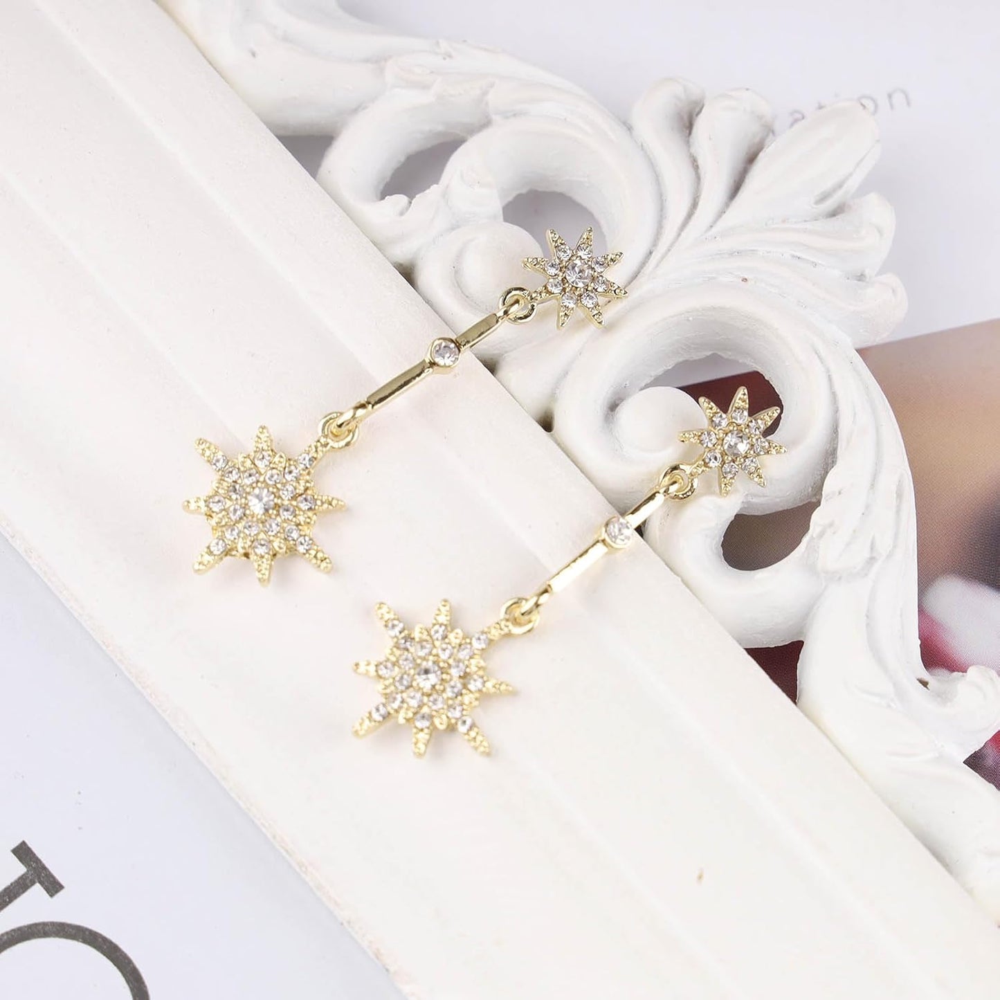 Vintage Crystal Starburst Drop Earrings Long Rhinestone Northstar Earrings Gold Cz Star Dangle Earrings Cz North Star Stud Earrings Jewelry for Women