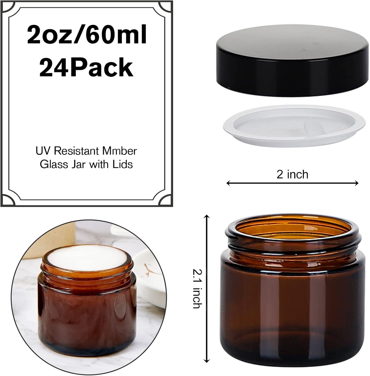 2oz Jars with Lids, Hoa Kinh 24 Pack Amber Glass Jars with Lids Empty Cosmetic Containers Round Airtight Glass Jar with Inner Liners and black Lid for Storing Lotions, Powders, and Ointments