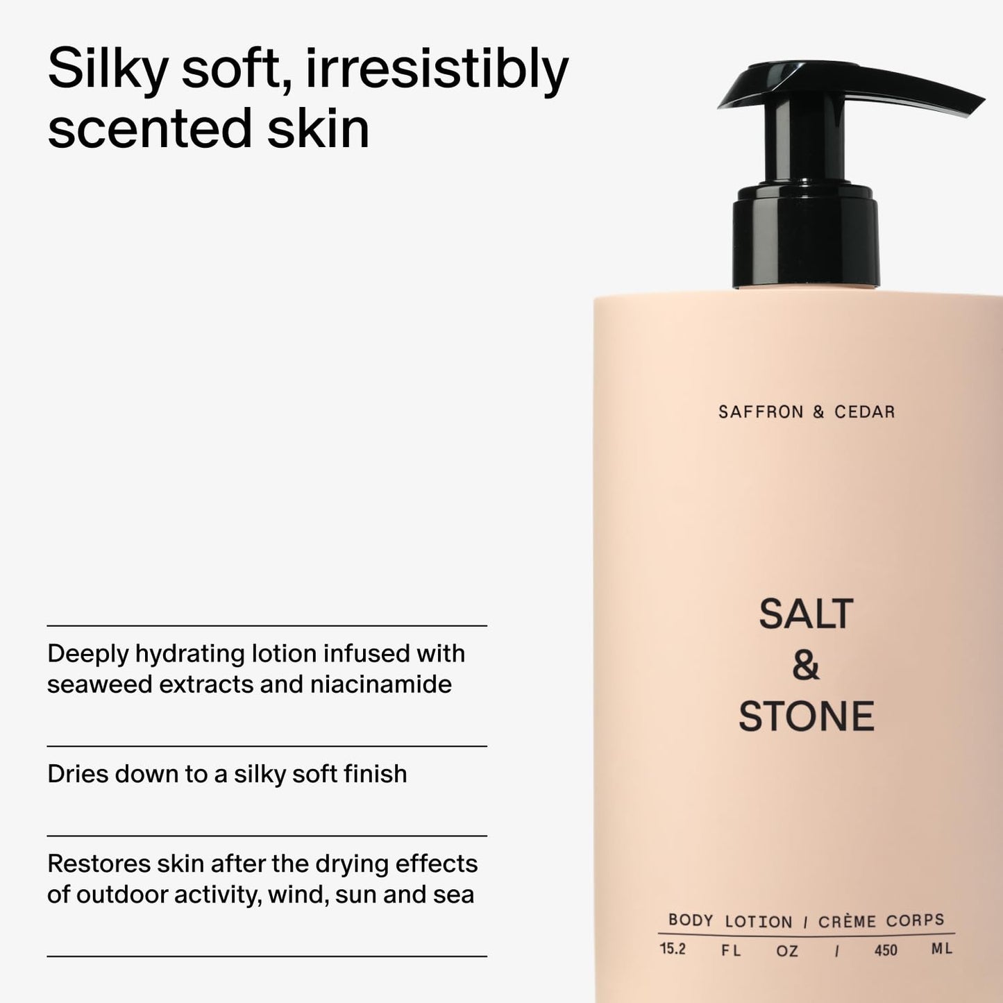 Salt & Stone Body Lotion for Women & Men | Hydrates, Nourishes & Softens Skin | Restores Dry Skin | Fast-Absorbing | Cruelty-Free & Vegan (Saffron & Cedar - 15.2 fl oz)