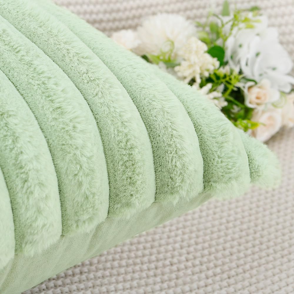MADIZZ Set of 2 Faux Wool Plush Decorative Throw Pillow Covers 20x20 Inch Light Green Fluffy Striped Soft Decorative Cushion Cover for Sofa Bedroom Pillow Shell