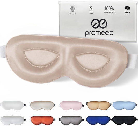 PROMEED Adjustable 23 Momme Mulberry Silk Sleep Mask, 3D Contoured No-Pressure Cup Eye Mask for Sleeping, Super Soft Breathable Blindfold, Perfect Blocks Light for Sleeping (Champagne)