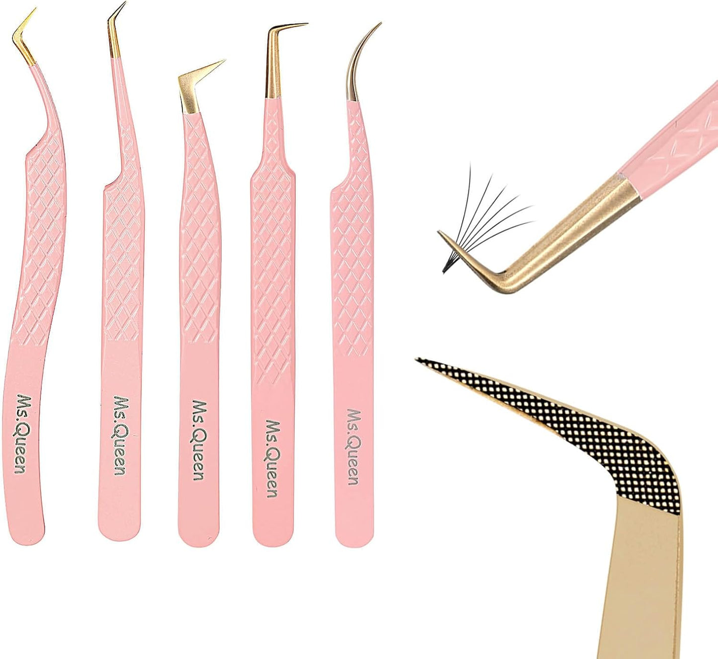 Ms.Queen Eyelash Extension Tweezers, Professional Fiber Tip Lash Tweezers Set of 5,Curved 45 90 Degree Volume Isolation Tweezers