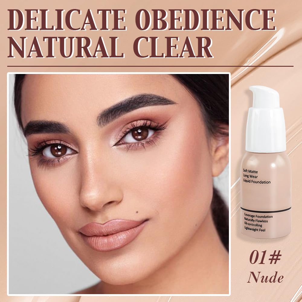 Matte Liquid Full Coverage Foundation, Flawless Soft Matte 24HR Oil Control Full Coverage Foundation Makeup for Women, Long-Lasting Waterproof Full Coverage, 01#Nude (01, Pack of 1)