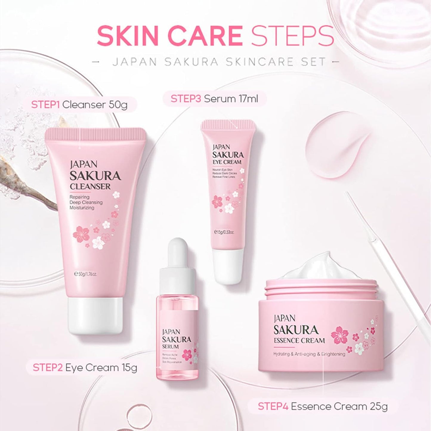 Skin Care Set - Sakura Skin Care Sets & Kits - Women Gift Sets with Cleanser,Serum,Eye Cream,essence Cream - Beauty Products For Women - Skin Care Routine Travel Kit (SetB)