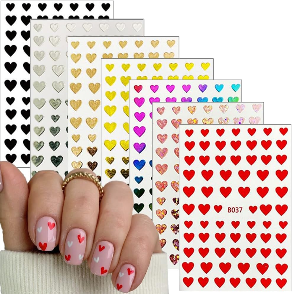 8 Sheets Heart Nail Art Stickers 3D Self-Adhesive Heart Nail Decals Cute Valentines Day Nail Art Decoration for Women Girls
