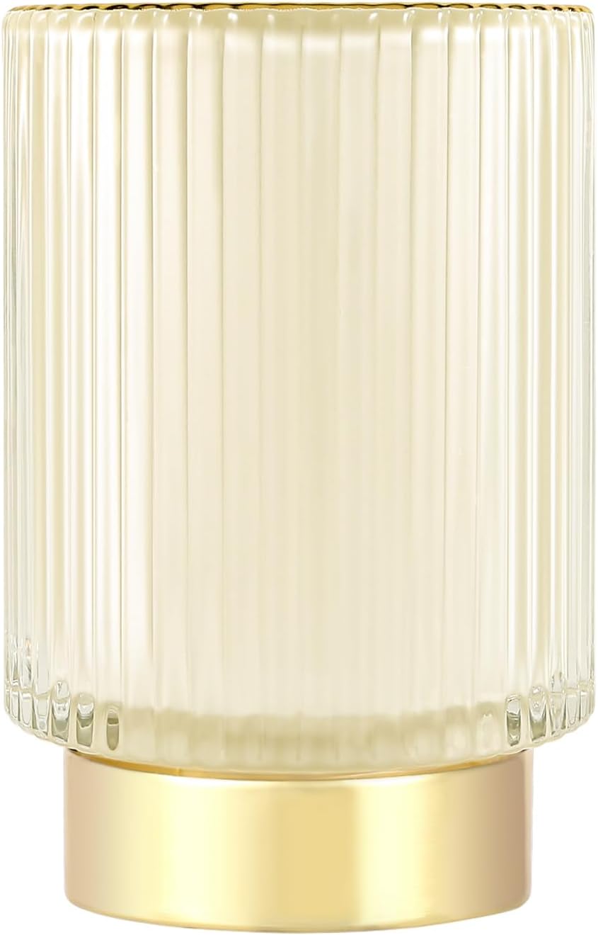 DASITON Makeup Brush holder Organizer,Crystal Cosmetic Makeup Brush Glass Brushes Storage Holder, Vintage Make Up Brush Cup Pen Pencil Holder striped vase(Cream L)