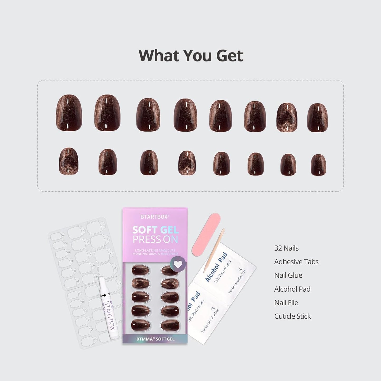 BTArtbox Extra Short Almond Press On Nails - Brown Cat Eye Press On Nails with Glue for Women, Opaque Soft Gel Glue On Nails in 16 Sizes - 32 Stick On Nails Kit, Heart Coffee Art