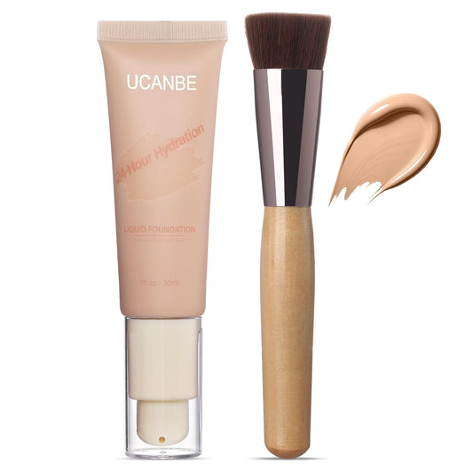 UCANBE Matte Liquid Foundation with Brush, Serum Foundation Face Makeup with Hyaluronic Acid, Medium to Full Coverage Waterproof Oil Control Longwear, for Mature Skin, Classic Ivory, 1 fl. oz.