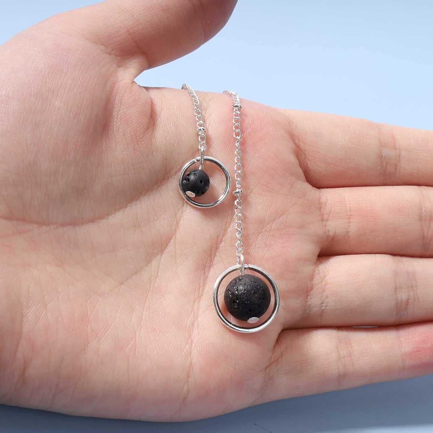 Boho Lava Stone Necklace Chain Silver Layered Chain Y Necklace Lava Bead Lariat Necklace Anxiety Essential Oil Diffuser Necklace Jewelry for Women