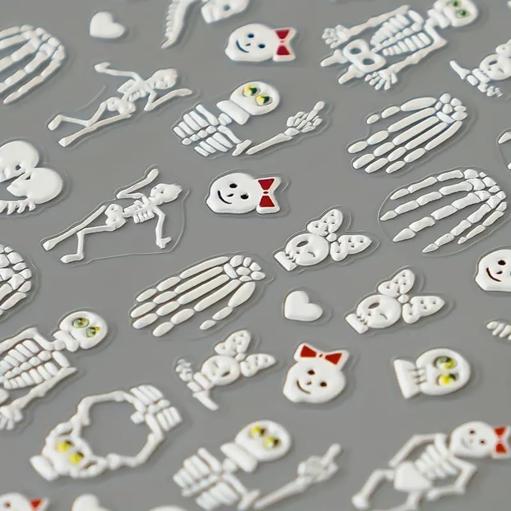2 Sheets Halloween 5D Embossed Nail Art Stickers - Skeleton, White Skull Nail Stickers with Spider Web Heart Design - Self-Adhesive Horror Decals for Women - Art Supplies and Decorations
