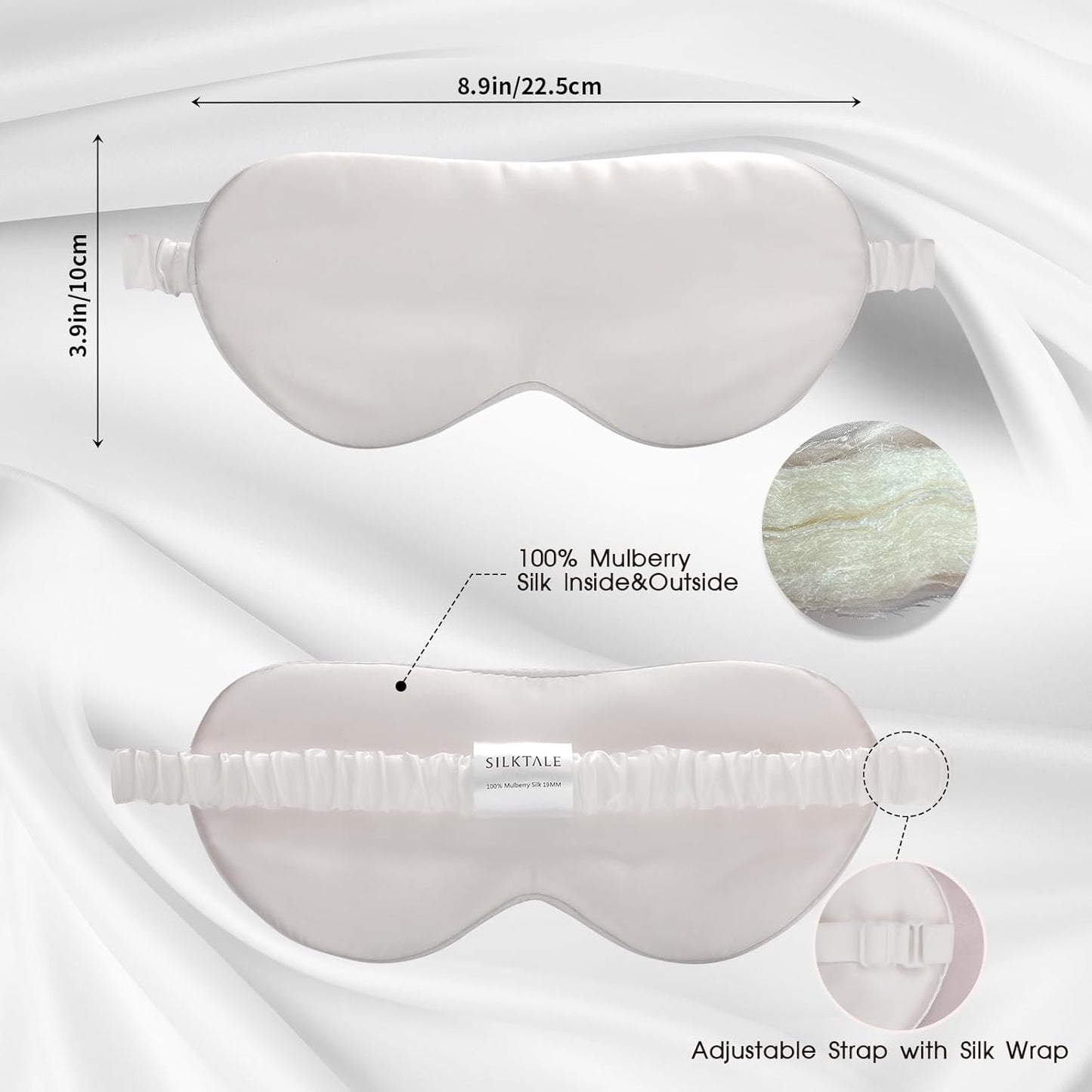 100% Mulberry Silk Eye Mask for Sleeping with Silk Wrapped Adjustable Strap,Ivory White