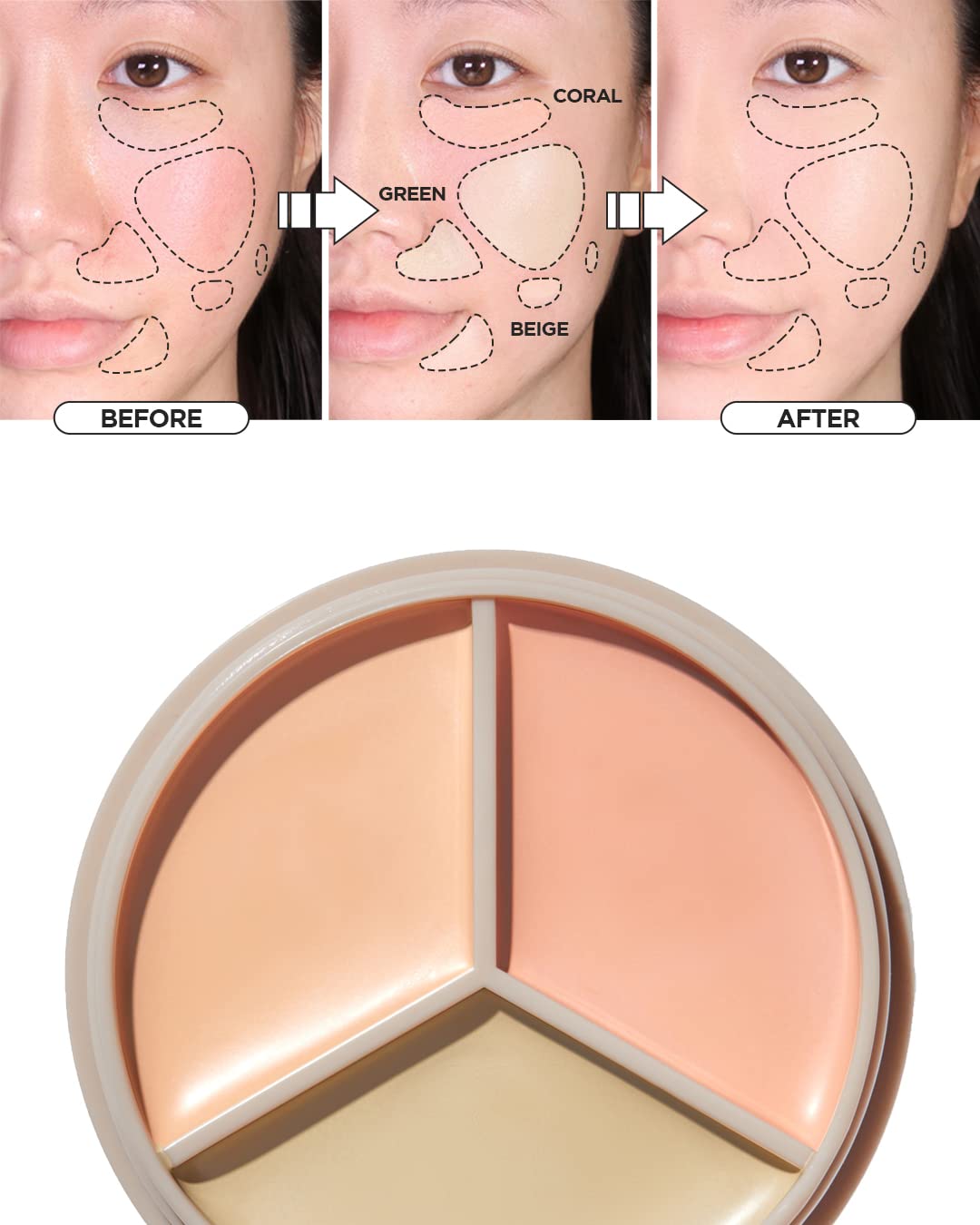 THESAEM Cover Perfection Triple Pot Concealer 03 Correct Up Beige + 04 Tone Up Beige - Fair to Light Skin Tone - 3 Color Full Coverage Concealer - Covers Pigmentation&Blemish Spots,Corrects Skin Tone