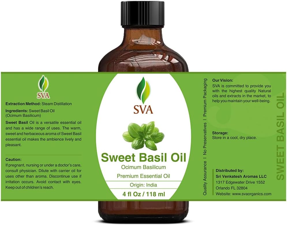 SVA Sweet Basil Essential Oil – 4 Fl Oz – 100% Natural Basil Oil - for Diffuser, Hair Care, Face, Skin Care, Aromatherapy, Scalp and Body Massage, Soap and Candle Making – with Dropper