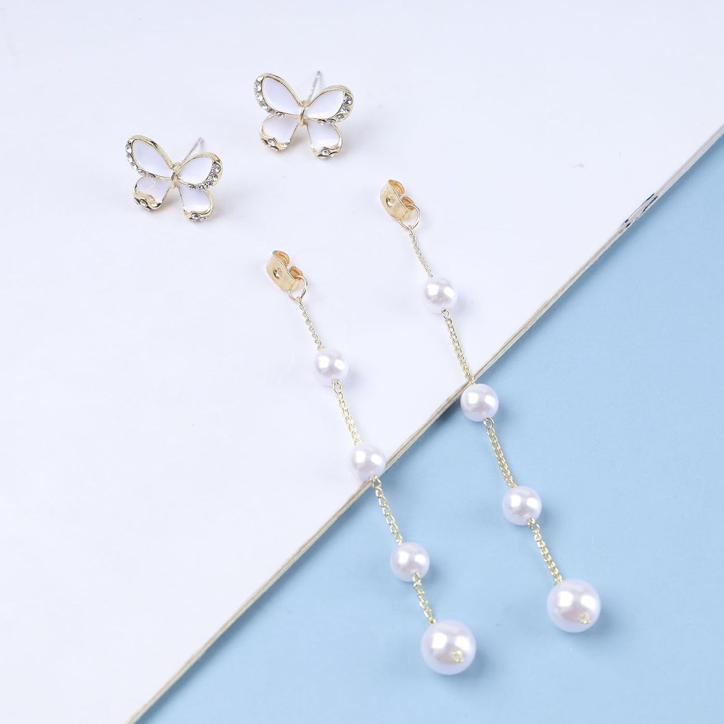Vintage Butterfly Pearl Drop Earrings Gold Pearl Chain Earrings Long Pearl Tassel Earrings White Butterfly Stud Earrings Wedding Pearl Earrings Jewelry for Women