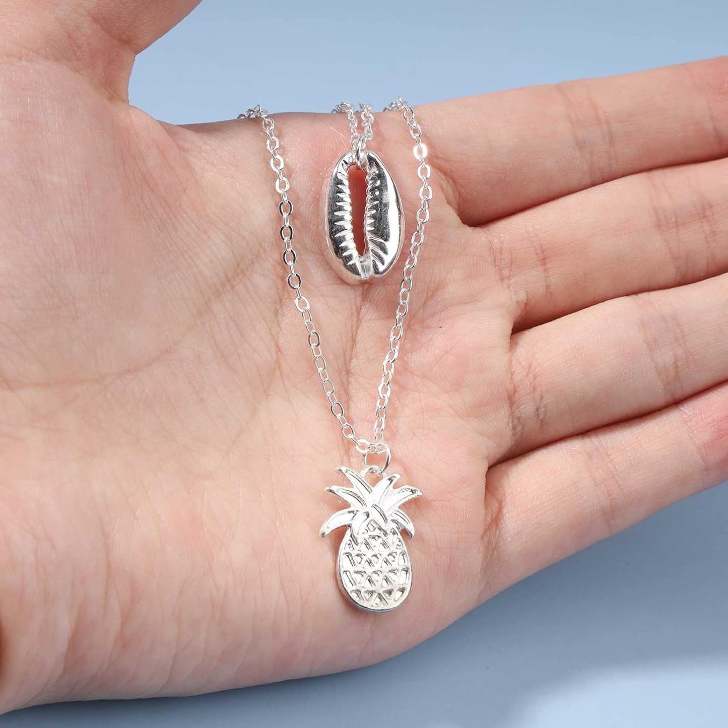 Boho Layered Shell Pineapple Choker Necklace Silver Seashell Pendant Necklace Vintage Cowrie Shell Necklace Beach Charm Necklace Jewelry for Women Gifts
