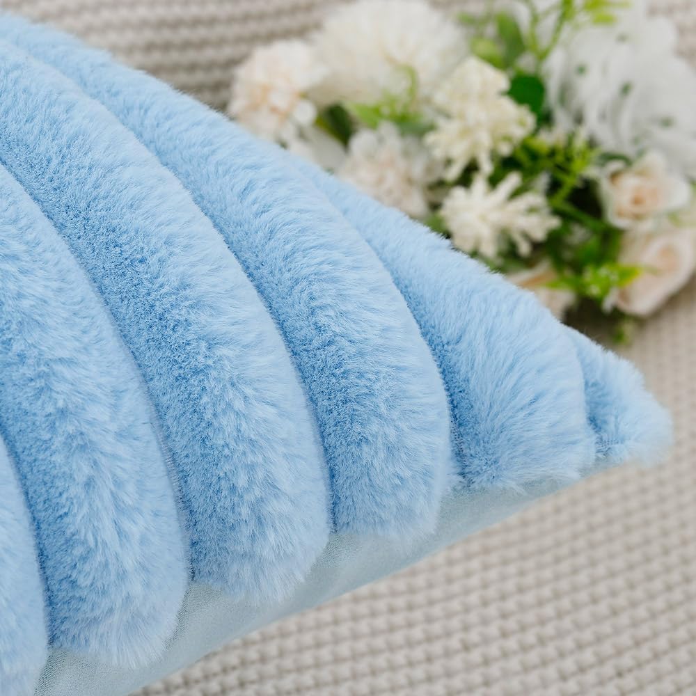 MADIZZ Set of 2 Faux Wool Plush Decorative Throw Pillow Covers 26x26 Inch Light Blue Fluffy Striped Soft Decorative Cushion Cover for Sofa Bedroom Pillow Shell