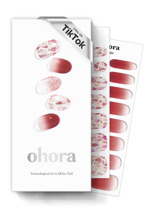 ohora Semi Cured Gel Nail Strips (N Brilliant) - Red, Patterned, Works with Any UV/LED Lamps, Salon-Quality, Long Lasting, Easy to Apply & Remove - Includes 2 Prep Pads, Nail File & Wooden Stick