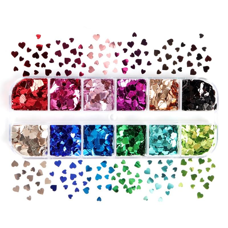 Valentine's Day Nail Art Glitters Sequins, 3 Boxes Holographic Hearts Nail Art Flakes Red Heart Glitter Sticker Decals Mixed Color Hearts Nail Sequins for Manicure DIY Decorations 36 Styles