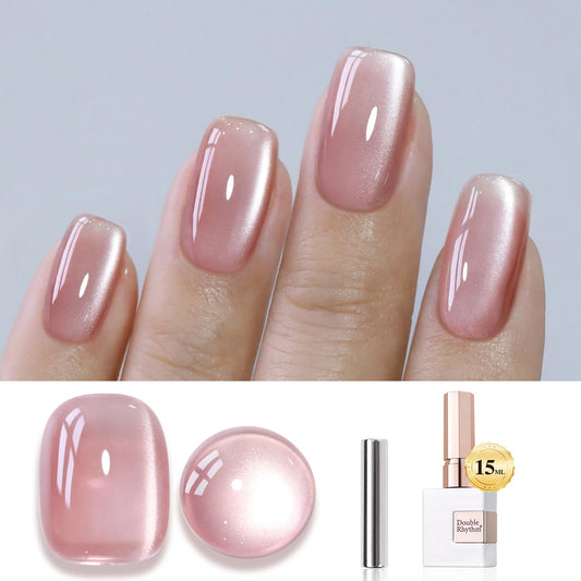 Double Rhythm Jelly Glass Cat Eye Gel Polish with Magnet 15ML Holographic Glitter Shimmer Translucent Sheer Color Magnetic Polish Salon DIY at Home (Jelly Pink Orange-MC1102)