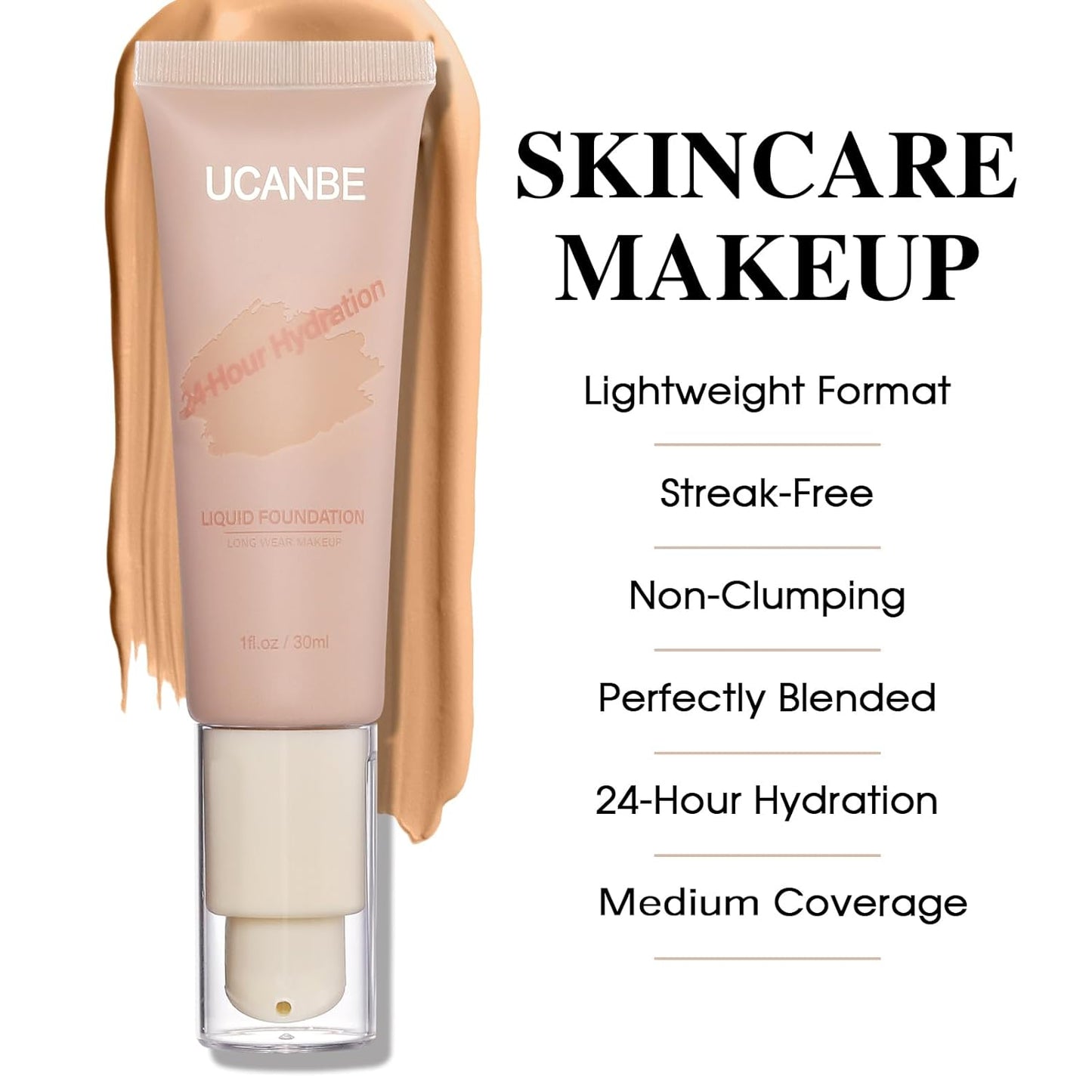 UCANBE Matte Liquid Foundation with Brush, Skincare Serum Foundation Face Makeup with Hyaluronic Acid, Medium to Full Coverage Waterproof Oil Control Longwear, for Mature Skin, Soft Tan, 1 fl. oz.