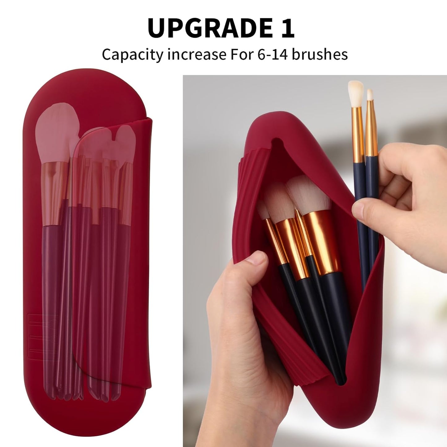 Silicone Makeup Brush Holder Travel Cosmetic Bag：Soft Portable Cosmetic Face Brushes Holder with Upgrade Anti-Fall Out Magnetic Closure, Large Travel Makeup Brush Case - Red