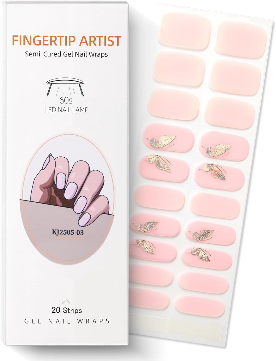 Semi Cured Gel Nail Strips with Butterfly Designs Gel Nail Stickers Glitter Full Cover Nails Wraps Need UV/LED Light with 2 Prep Pads 1Wooen Stick 1Nail File for Women 20Pcs