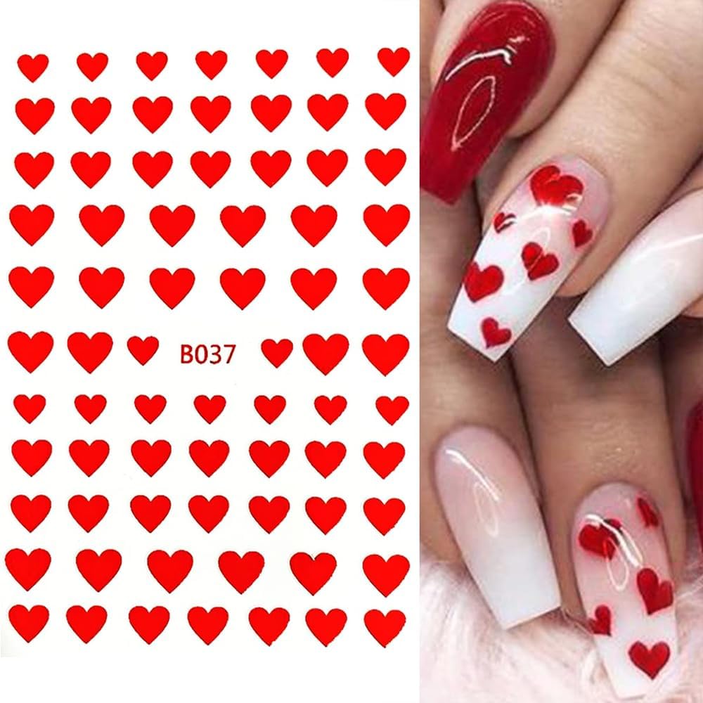 8 Sheets Heart Nail Art Stickers 3D Self-Adhesive Heart Nail Decals Cute Valentines Day Nail Art Decoration for Women Girls