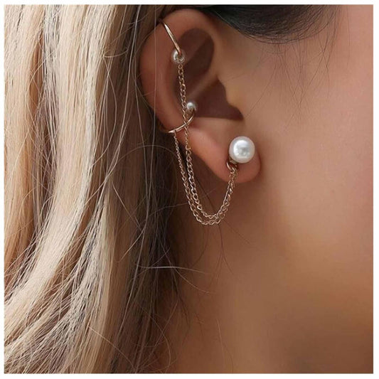 Vintage Pearl Cuff Chain Earrings Gold Chain Ear Cuffs Dangle Chain Cartilage Earrings Pearl Studs Earrings Cartilage Helix Earrings Helix to Lobe chain earrings Jewelry for Women and Girls (Gold A)