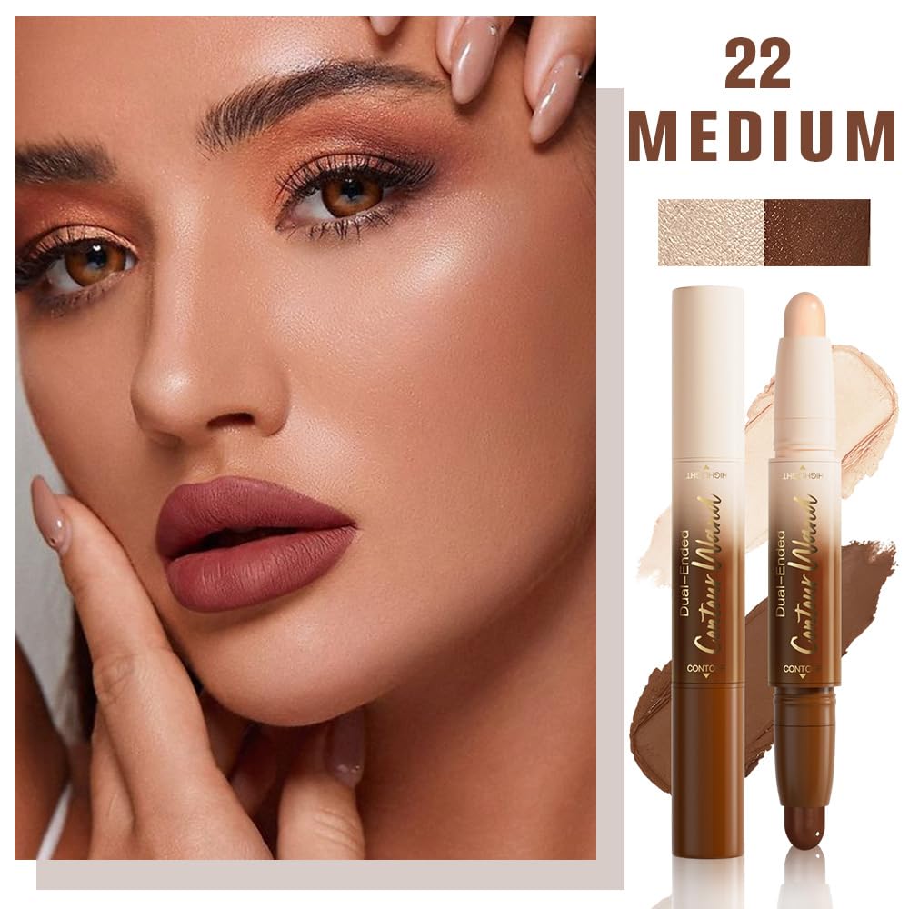 Dual-Ended 2-in-1 Cream Contour & Highlighter Stick – Waterproof, Long-Lasting for Face & Body Makeup, Suitable for All Skin Tones, 02#Nude + Light Beige