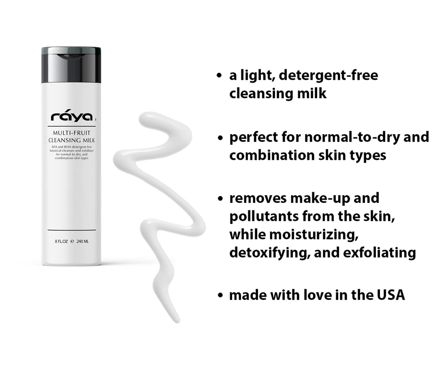 Raya Multi-Fruit Facial Cleansing Milk with AHA and BHA 8 oz (G-154) | Exfoliating Soap-Free Cleanser and Make-Up Remover for Dry and Combo Skin | Made with Multi-Fruit Alpha and Beta Hydroxy Acids