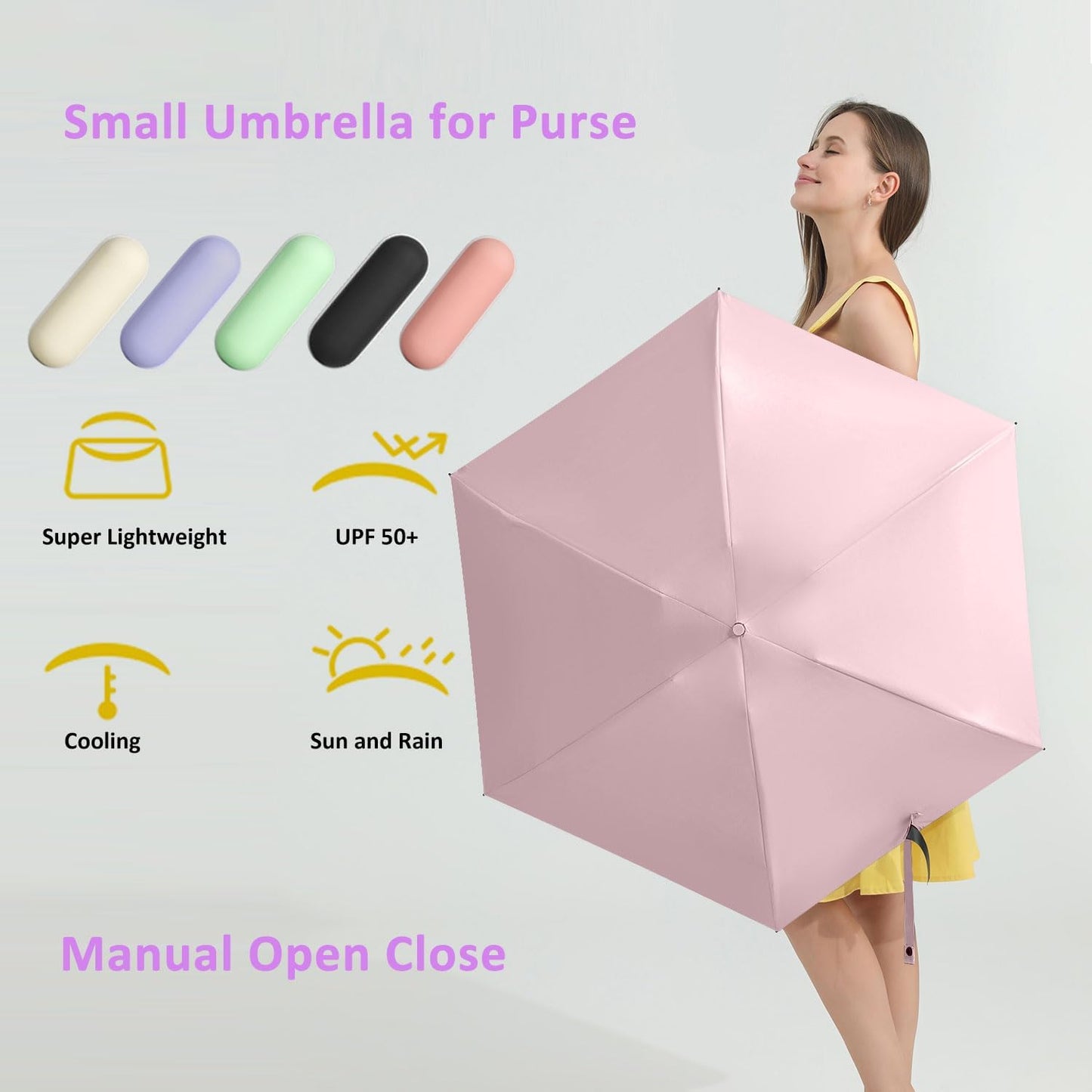 BAODINI Travel Essentials Mini Umbrella for Purse With Case Small Compact UV Sun Protection Lightweight Tiny Pocket Manual Open Close Umbrella for Women Kids and Men Fit Purse Backpack