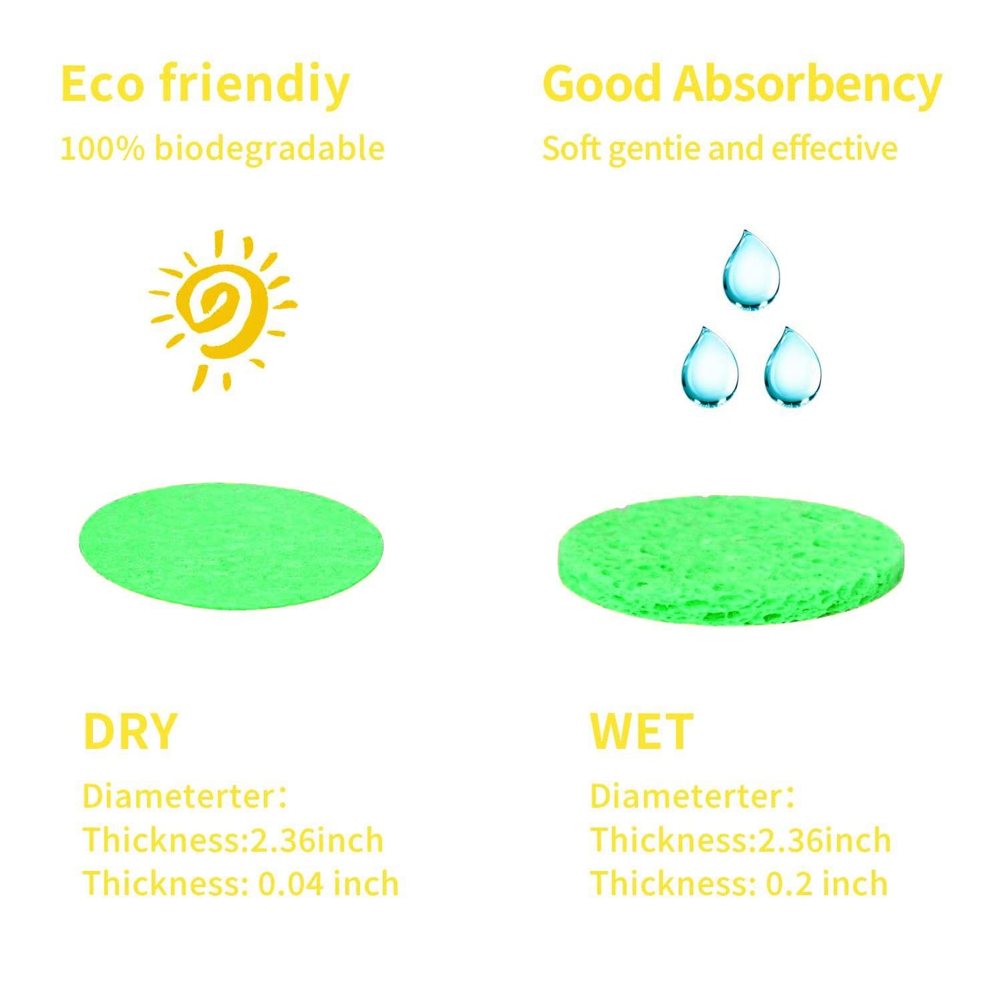 50-Count Facial Sponges Compressed Natural Cellulose Sponge Round Shape Face Sponge for Face Cleansing Exfoliating and Makeup Removal, Green