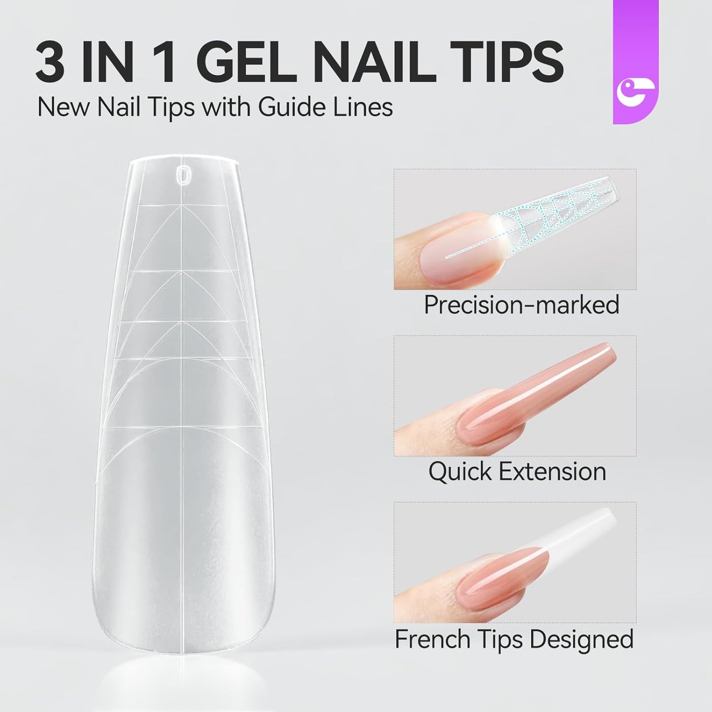Guiding Line Nail Tips for Salon: Gelike EC Full Matte Coffin Gel Nail tips with Auxiliary Positioning Line - Nail Extension Tips for Professional -100 Pcs 10 Sizes