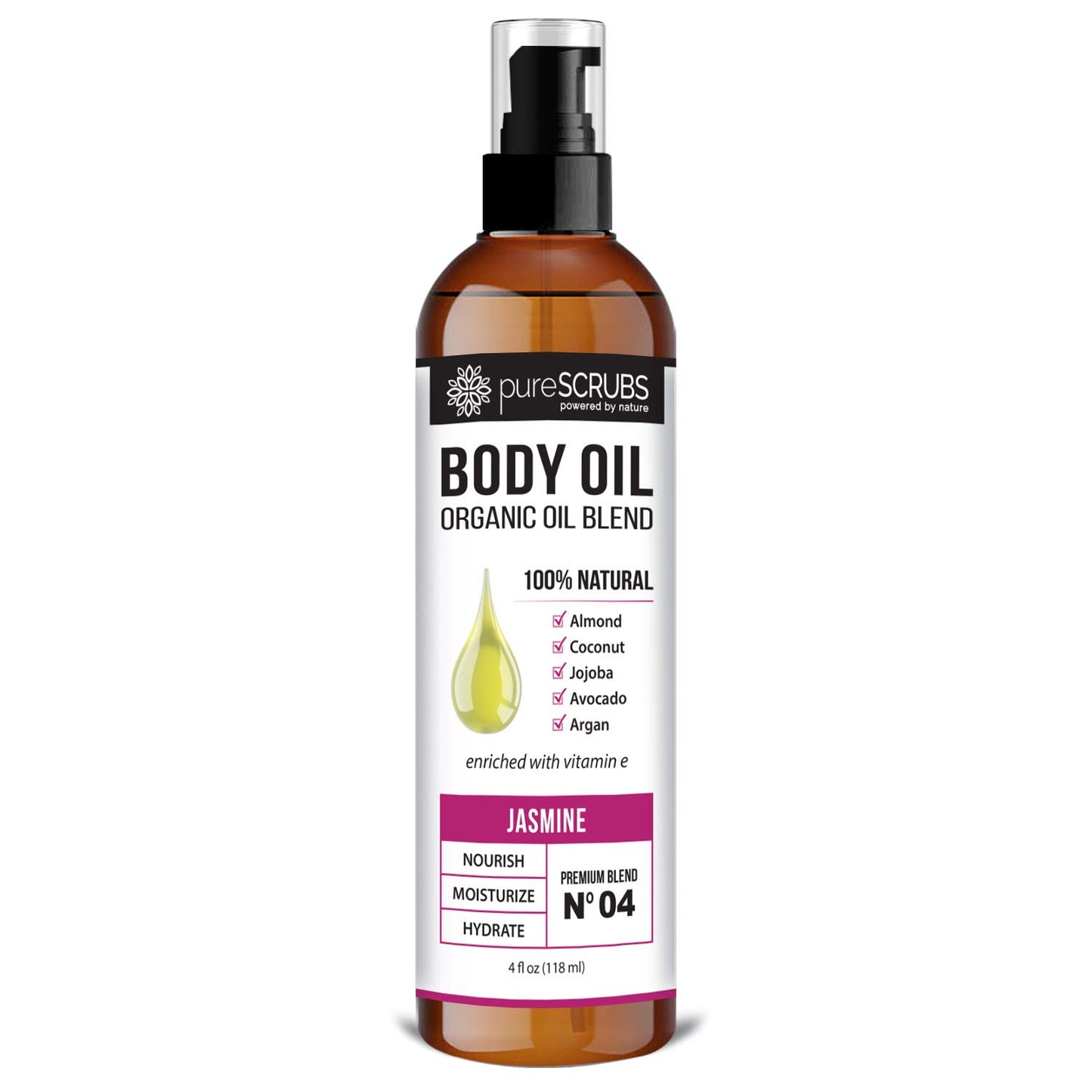 pureSCRUBS Ultra Moisturizing Jasmine Body Oil Spray for Dry Skin, Massage, Cuticles & More - Organic Super Blend of Jojoba, Argan, Coconut, Sweet Almond & Avocado Enriched with Vitamin E, Lg 4oz