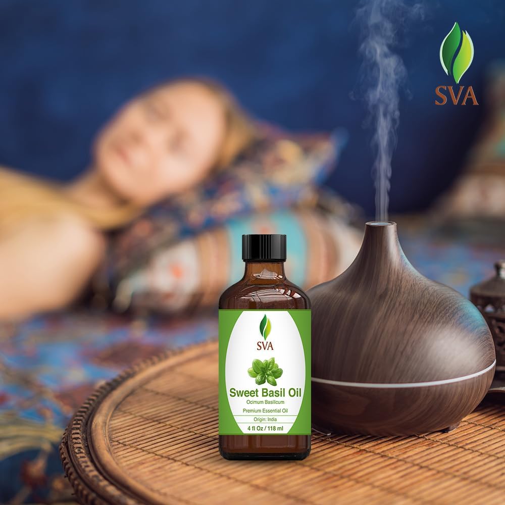 SVA Sweet Basil Essential Oil – 4 Fl Oz – 100% Natural Basil Oil - for Diffuser, Hair Care, Face, Skin Care, Aromatherapy, Scalp and Body Massage, Soap and Candle Making – with Dropper