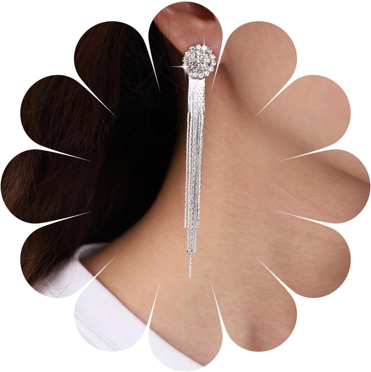 Vintage Crystal Chandelier Dangle Earrings Rhinestone Tassel Chain Earrings Wedding Chandelier Earrings Silver Full Cz Chain Earrings Jewelry for Women