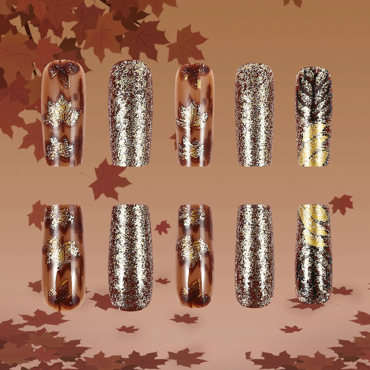 Vintage Thanksgiving Press on Nails Fall Glitter Maple Leaves Fake Nails Long Square Acrylic Glue on Nail Matte Autumn Maple Leaf Stick on Nail for Women DIY Manicure
