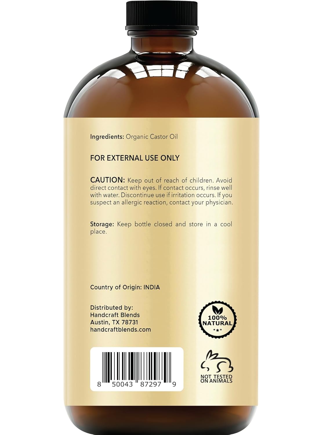 Handcraft Blends Cold-Pressed Organic Castor Oil in Glass Bottle - 16 Fl Oz - 100% Pure and Natural - Premium Grade Carrier Oil for Hair Growth, Eyelashes and Eyebrows - Hair and Body