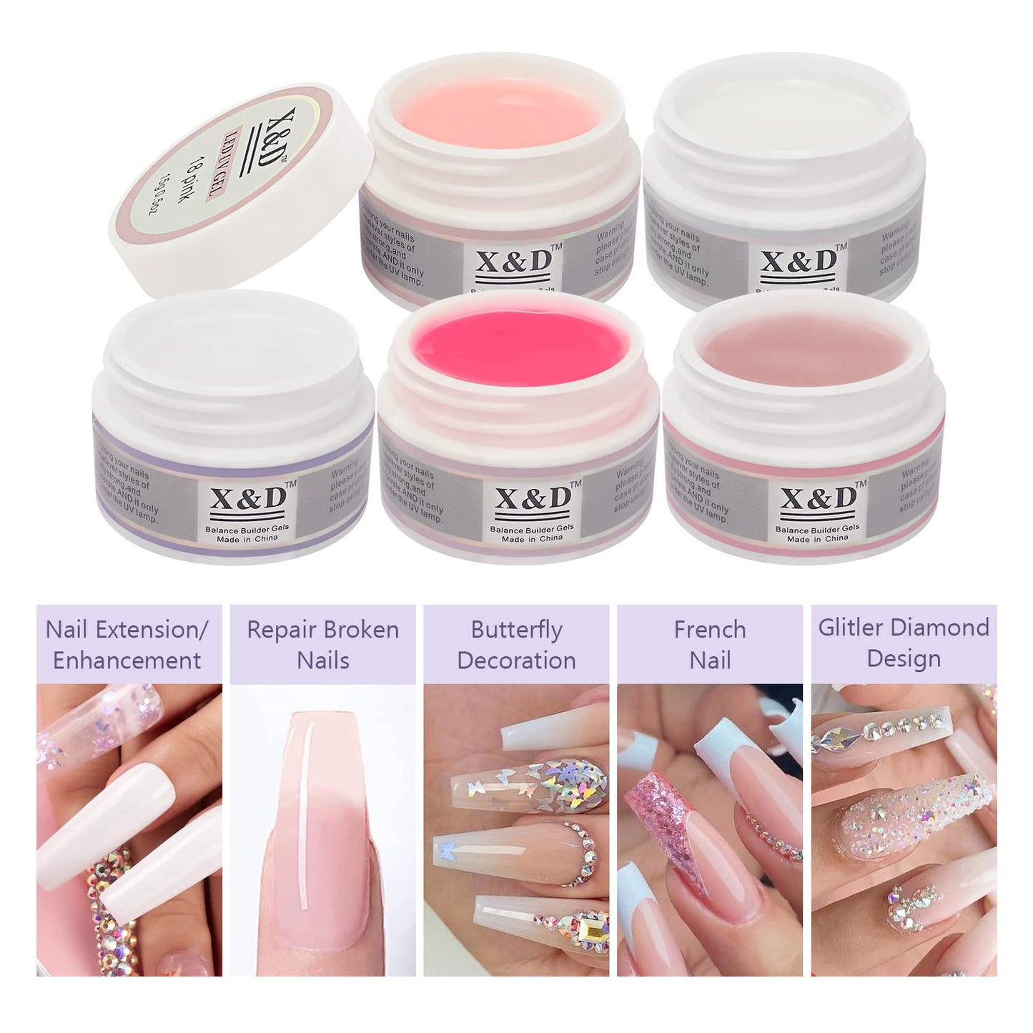 X&D Gel Nail Polish Kit Polygel Quick Dry Natural Clear 5 Colors Nail Extension with Dual Forms, Brush, File Set